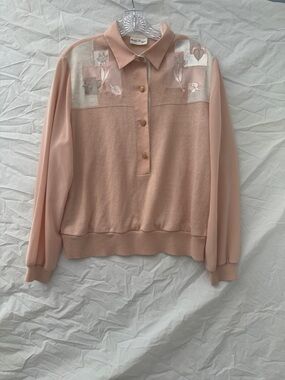 Cottagecore Vintage Pink Embroidered Long Sleeve Polo Top with Sheer Sleeve/back